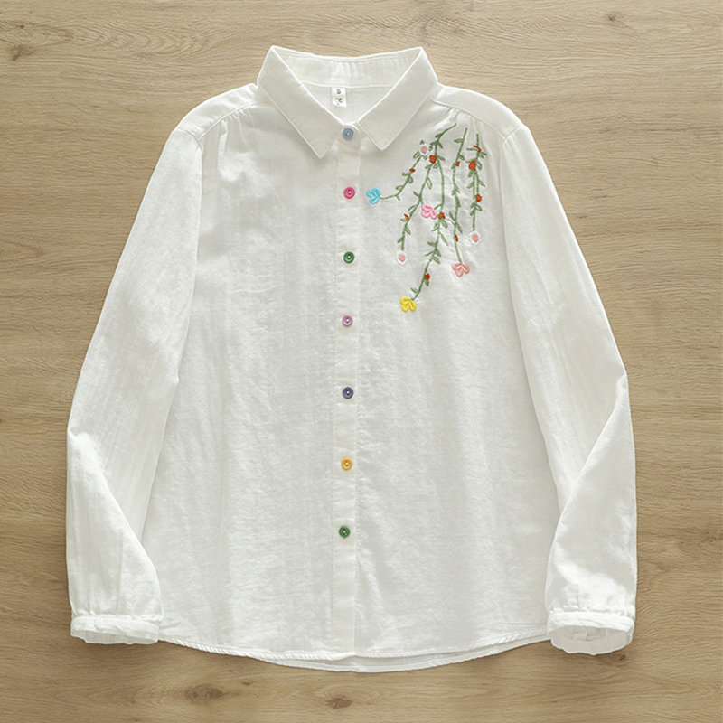 Embroidery Artist - Autumn Double-layer Cotton Long-sleeved Blusa Women