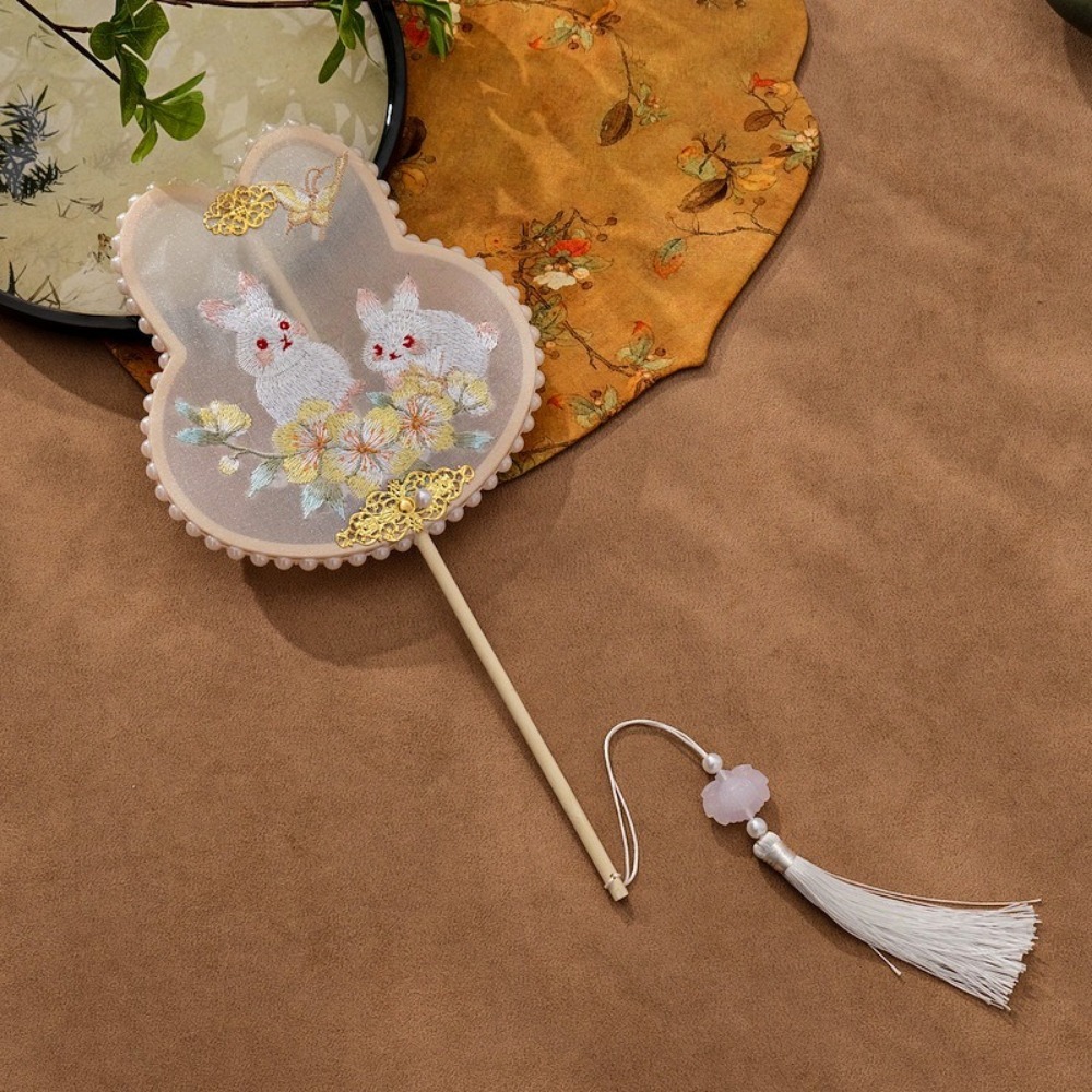 Embroidery Rabbit - Handheld Chinese Style Embroidery Fan Long