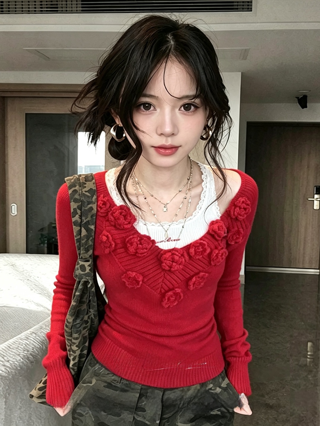 Slimming V-Neck Red Knitted To - огляд і ціна Embroidery Design 3D