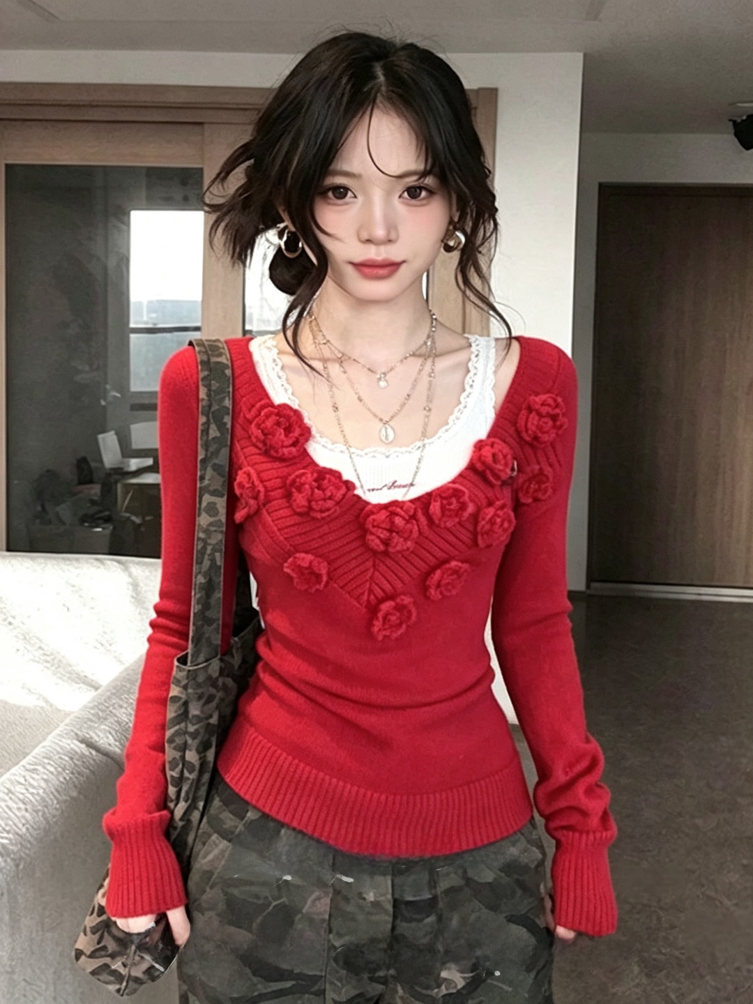 Slimming V-Neck Red Knitted To - огляд і ціна Embroidery Design 3D