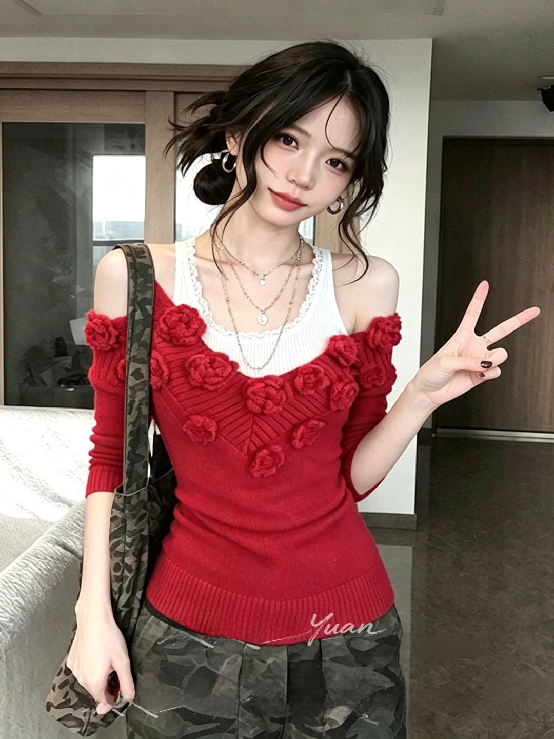 Slimming V-Neck Red Knitted To - огляд і ціна Embroidery Design 3D