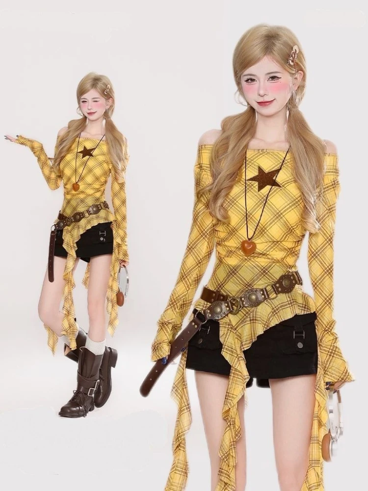 Y2K Plaid Slash Neck Vintage T - огляд і ціна Embroidery Fashion