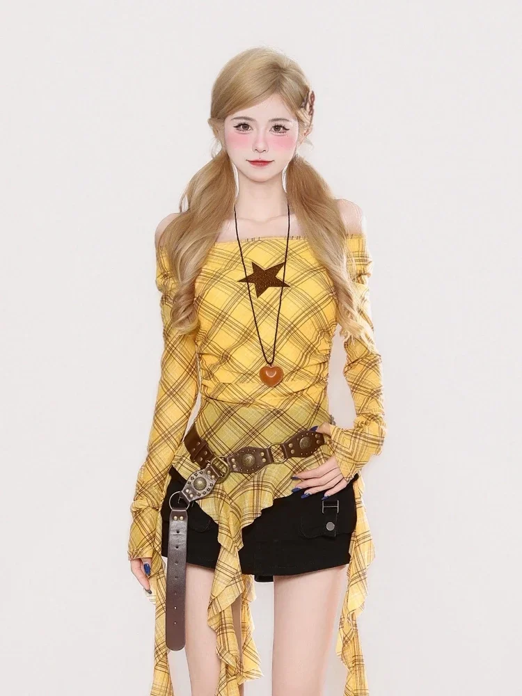 Y2K Plaid Slash Neck Vintage T - огляд і ціна Embroidery Fashion