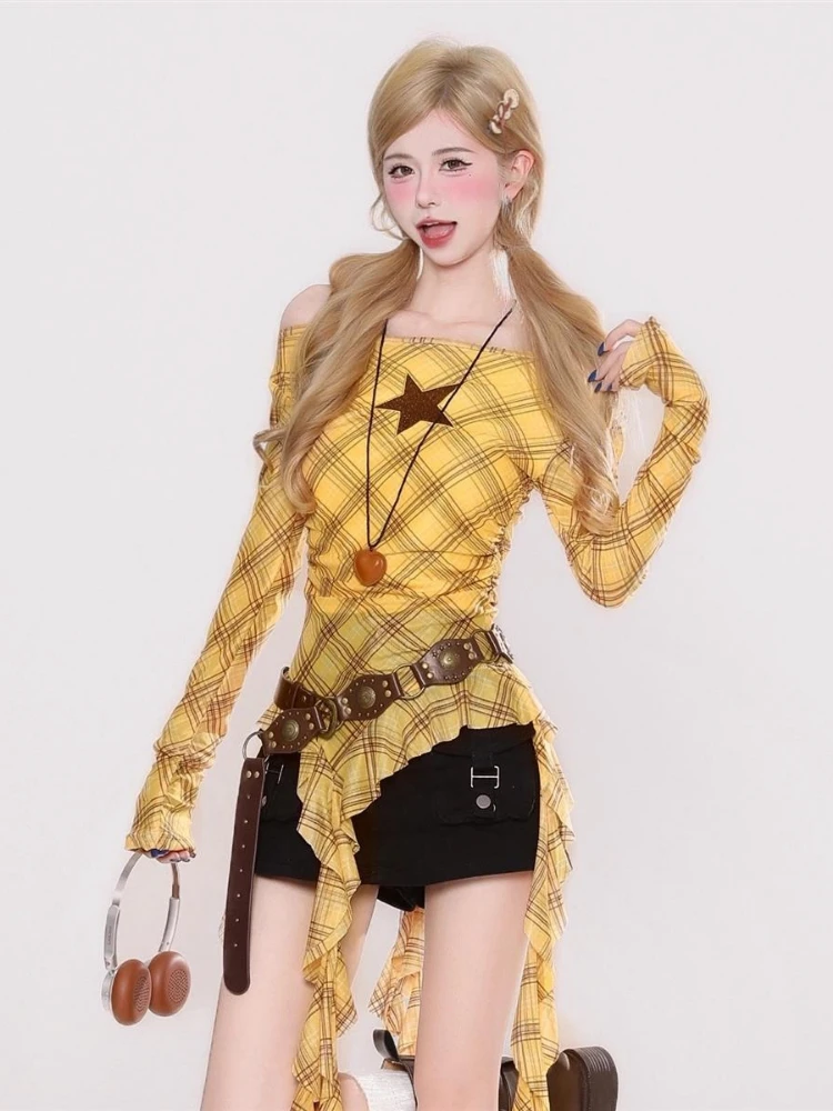 Y2K Plaid Slash Neck Vintage T - огляд і ціна Embroidery Fashion
